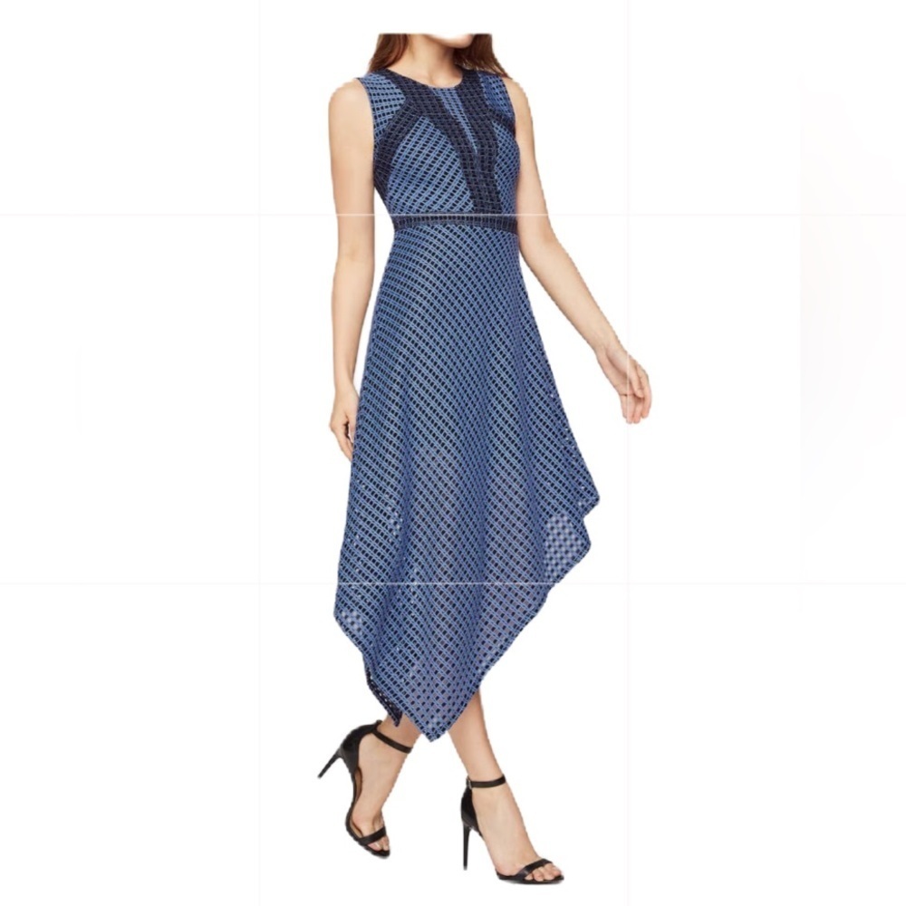 BCBG Max Azria Tracie Assymetrical Dress Blue Black Large Midi Sleeveless - Picture 1 of 6